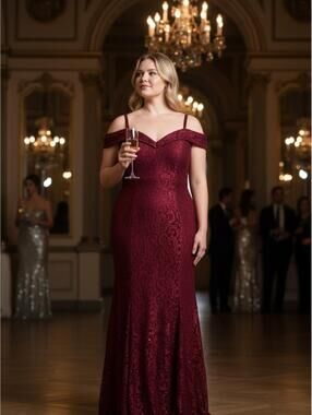R&M Richards Burgundy Lace Off-Shoulder Formal Gown Size 18